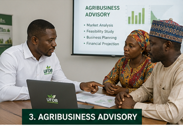 Agribusiness advisory — a UFDB advisor presenting market analysis and business planning to clients