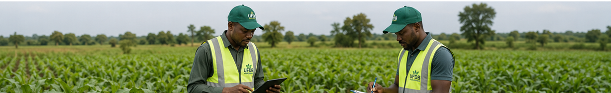 UFDB field officers monitoring a crop across an expansive farm