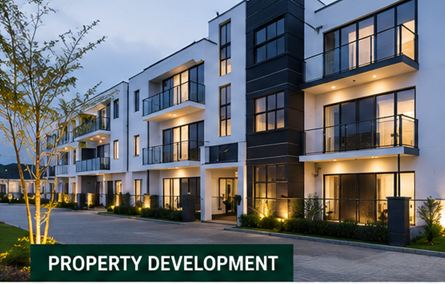 Property development — a row of newly built modern apartments at dusk