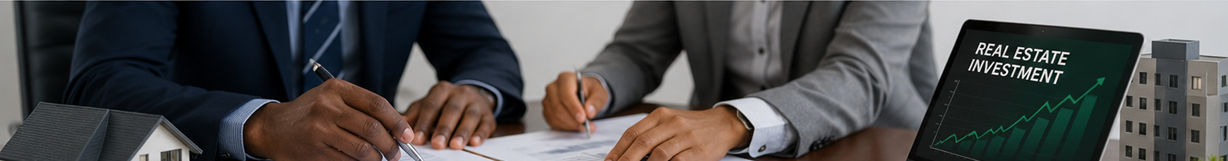 Real estate investment advisory — professionals reviewing investment paperwork and growth projections